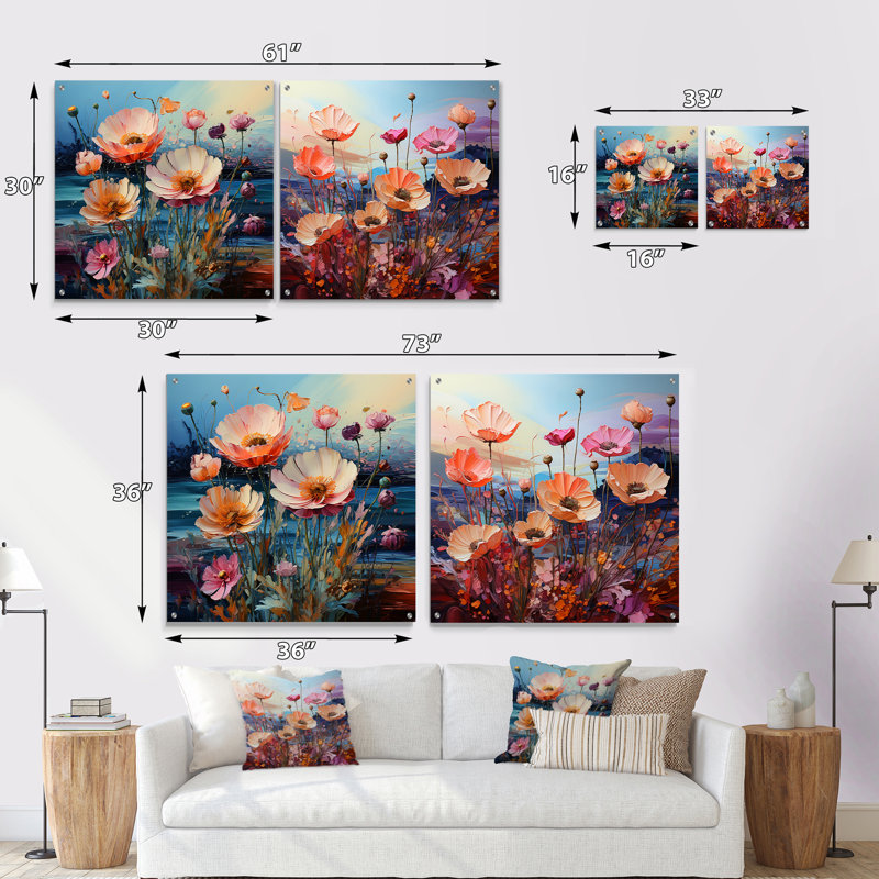 Multicolore fleurs champ liquide Art - ensemble de 2 art mural acrylique champ de fleurs en verre, H 16 po x l 33 po