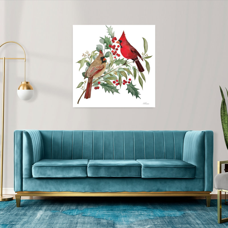 Cardinal Couple, oiseau contemporain, art d'hiver, H 36 po x l 36 po