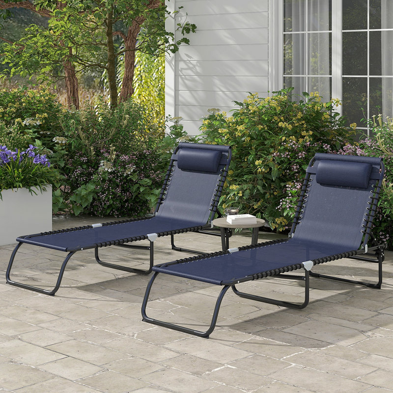 Outsunny Folding Chaise Lounge Pool Chair Set Of 2, Patio Sun Tanning Chair, Outdoor Lounge Chair W/ Reclining Back, Pillow, Breathable Mesh & Bungee Seat For Beach, Dark Blue