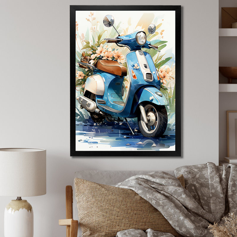Bleu, scooter côtier, croiseur II, art mural de salon, Cadre photo noir, H 20 po x l 12 po x P 1 po