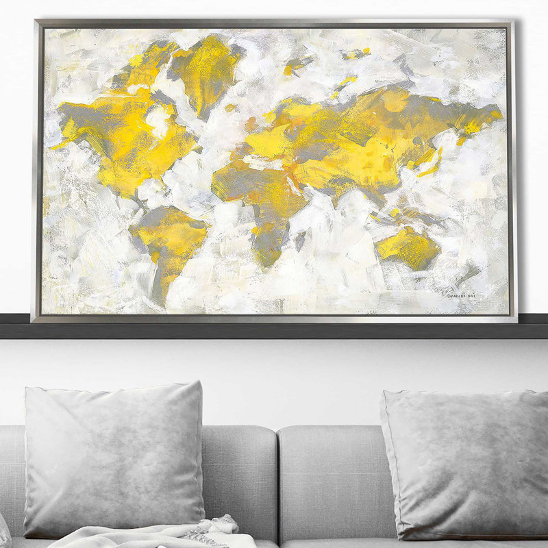 «World Map Yellow Gray» par Danhui Nai - impression, Cadre flottant argent, H 39,5 po x l 63,5 po x P 2 po