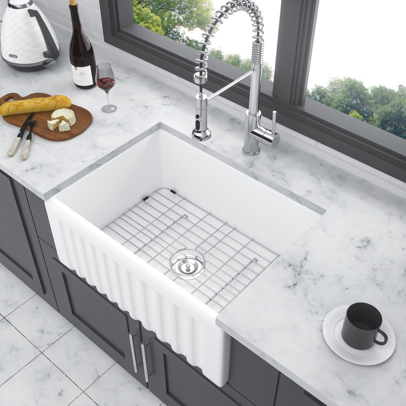 Évier de 24 po en céramique - blanc, façade à tablier, configuration polyvalente pour la cuisine et la lessive