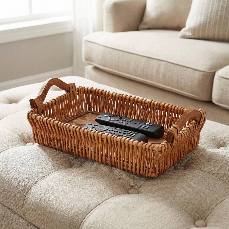 Set of 2 Handwoven Willow Storage Baskets with Wood Base & Handles for Entryway, Coffee Table, Bedroom, Natural