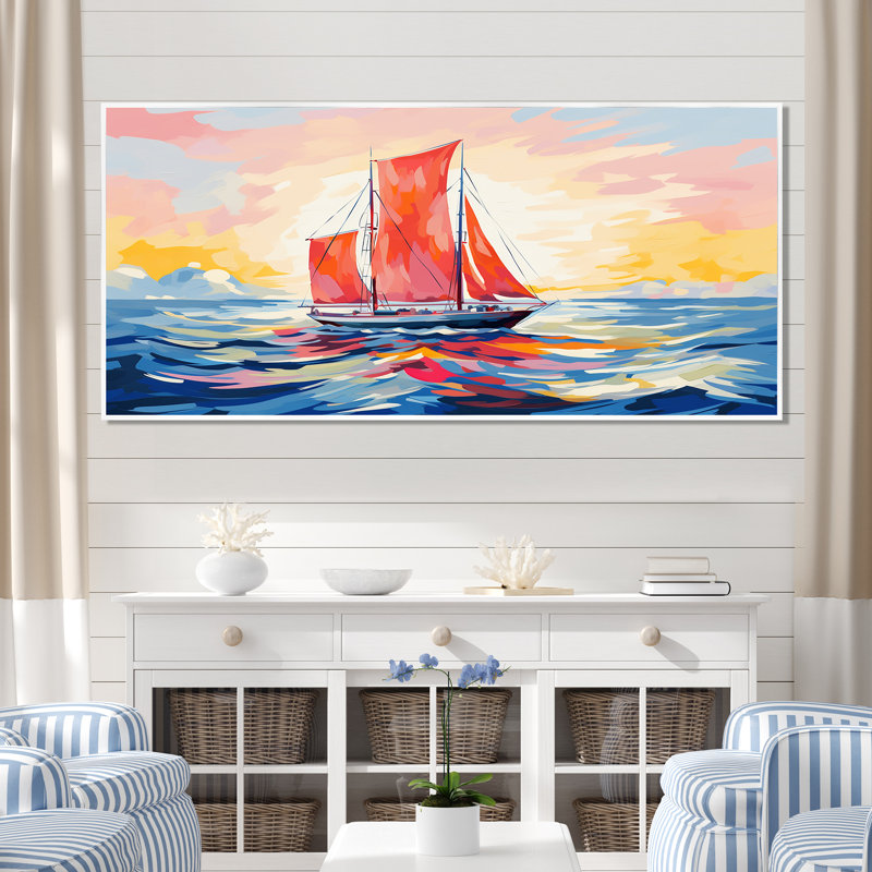 Coucher de soleil sur un bateau à voile III - bateau à voile, art mural, Cadre flottant blanc, H 28 po x l 60 po x P 1,5 po