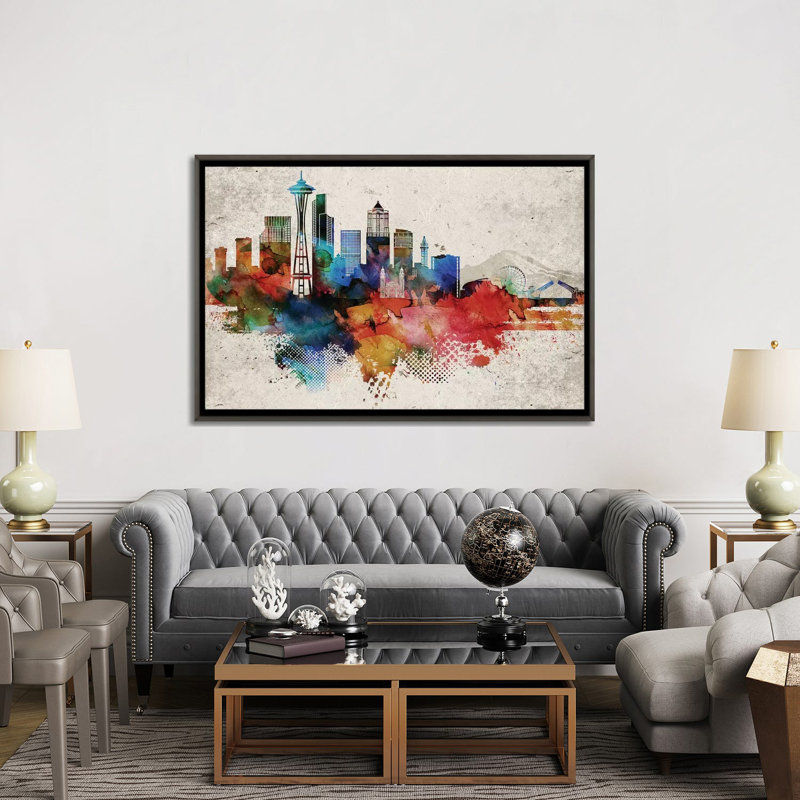 Seattle - impression d'art graphique abstrait, Aucun mat, H 40 po x l 60 po x 1,5 po, Toile encadrée de bois rustique foncé