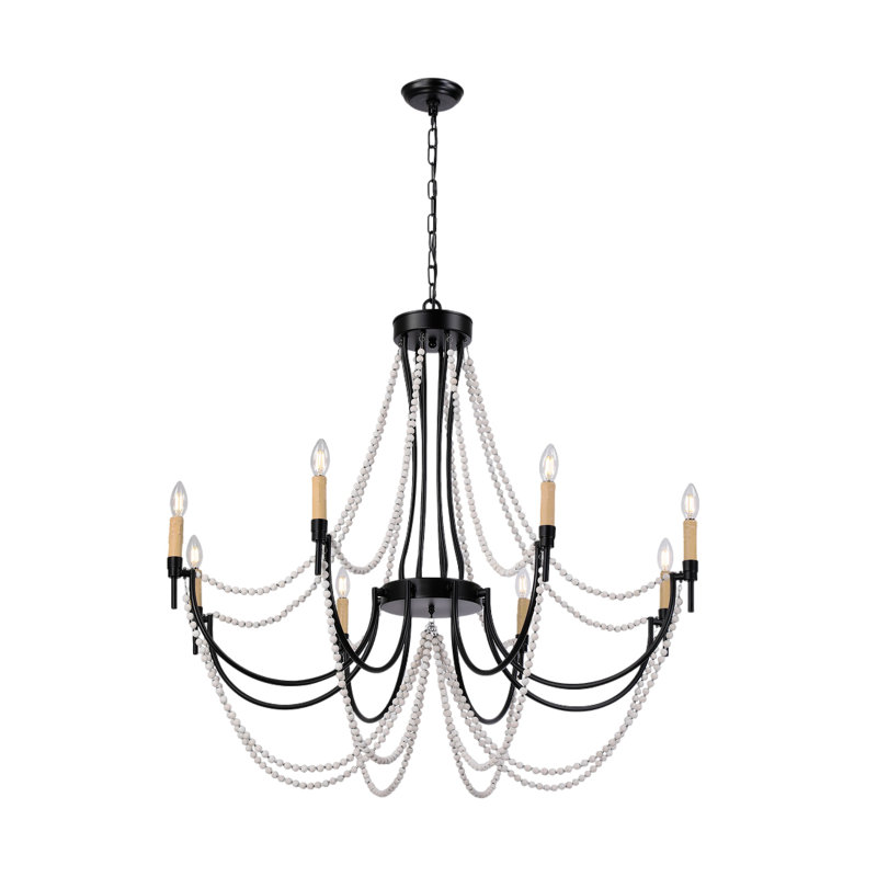 Lustre de plage rustique 8 lumières avec brins de perles en bois