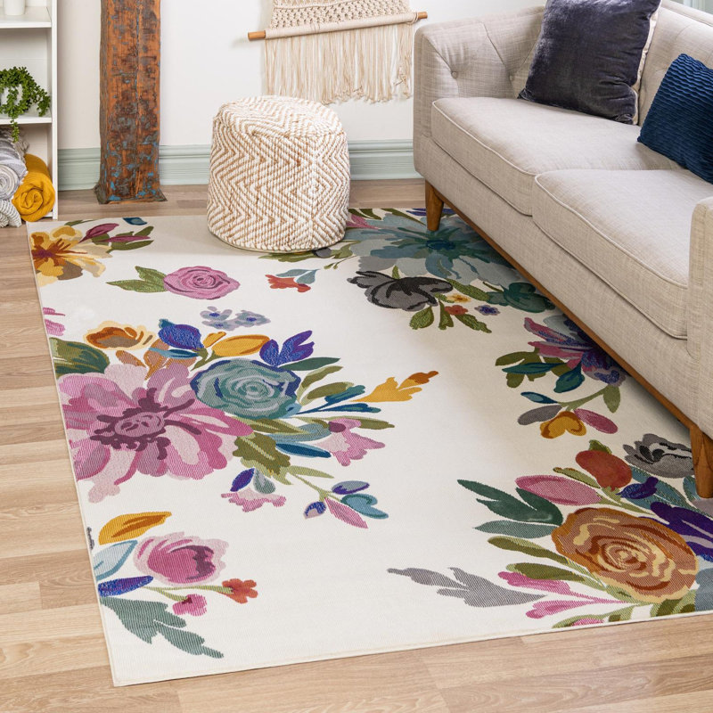 Aludra Floral Green/Purple/Blue/Ivory/Gray/Orange Area Rug, Rectangle 6'1" x 9'