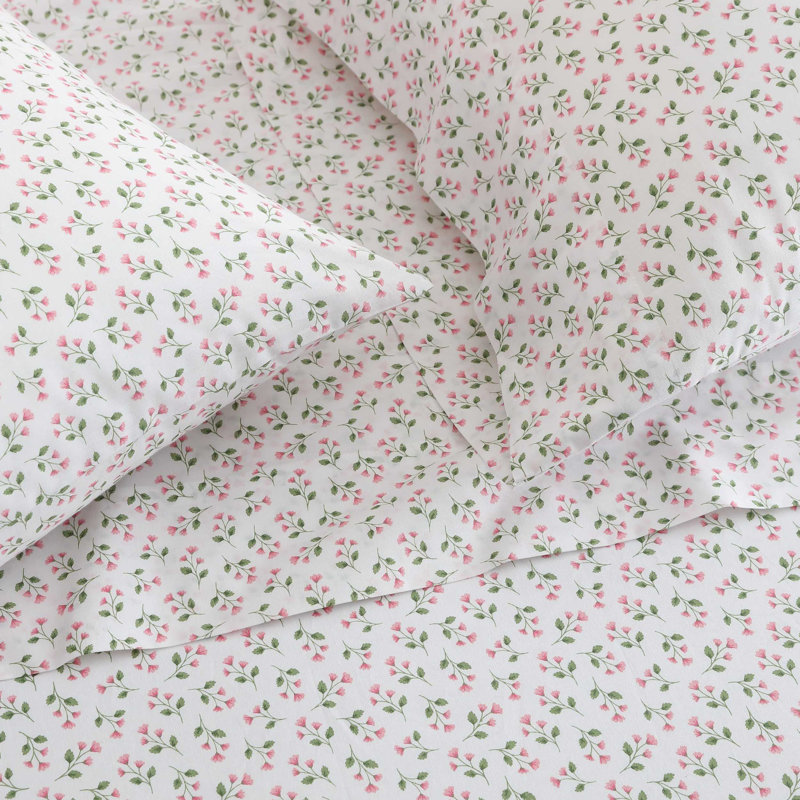 Martha Stewart Cotton Percale  Sheet Set, Twin Sheet Set with 1 Pillowcase, Kennedy Floral Pink