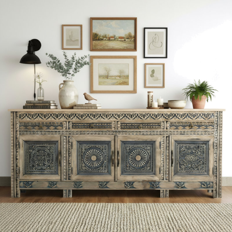 4-drawer 4-door Carved Solid Wood Sideboard, 102" L