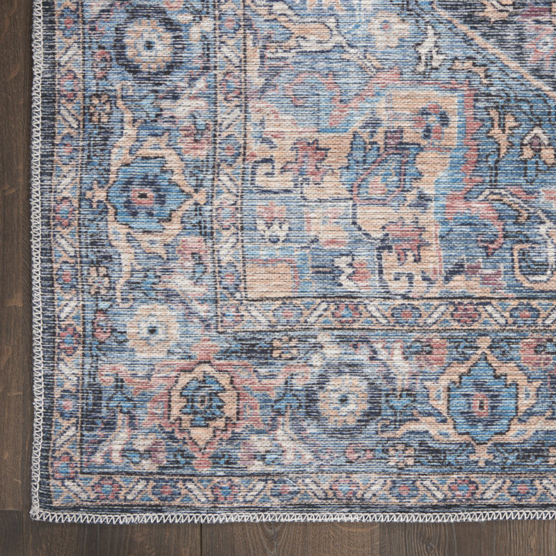 Medallion Machine Washable Polyester Area Rug in Light Blue/Orange/Gray, Runner 2'2" x 10'