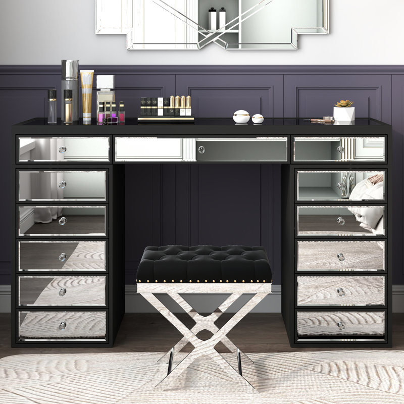 Ninian Vanity Dressing Table with 13-Drawers Glass top 130cm Wide, Black