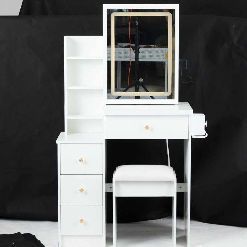 Petit meuble-lavabo de chevet gauche avec tabouret confortable, miroir à DEL coulissant à commande tactile extraordinairement énorme, 2 prises de courant AC +, support pour sèche-cheveux, éclairage réglable,, accrédité UL, blanc américain