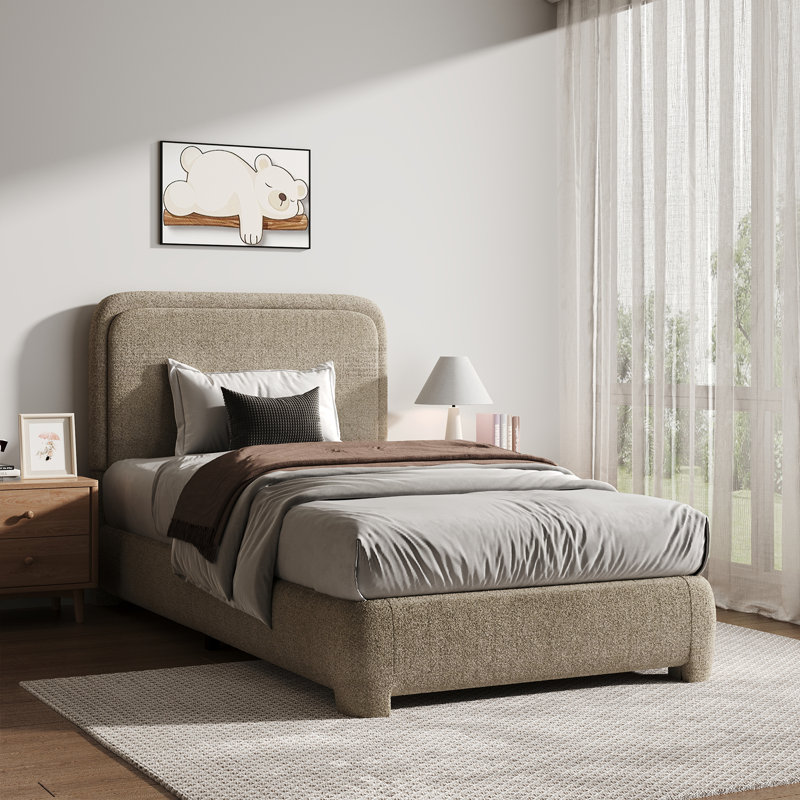 Lit plateforme tapissier Bensu Boucle, Lit simple, Taupe