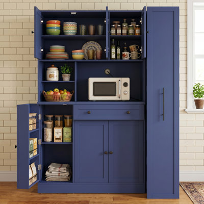 52.8x17.7x70 inch Traditional Freestanding Kitchen Pantry Storage Cabinet, Blue MDF Buffet with Hutch, Large Cupboard with Pull-Out Side Cabinet, Door Shelves and Drawer for Dining Room and Living Room