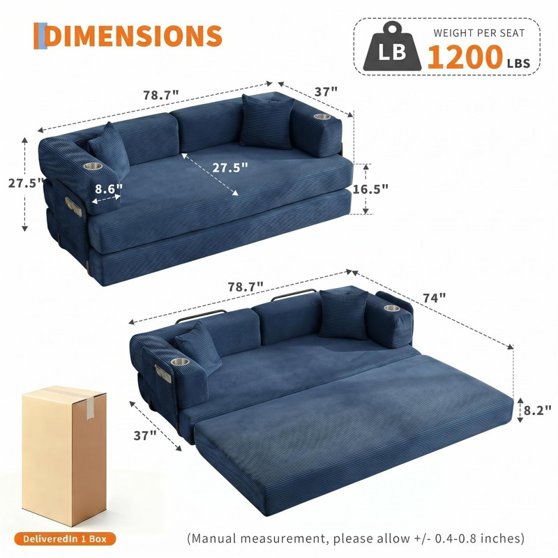 Canapé-lit convertible 5 en 1 en velours côtelé de 200 cm (79 po), futon sans accoudoirs, 4 oreillers et porte-gobelets, bleu