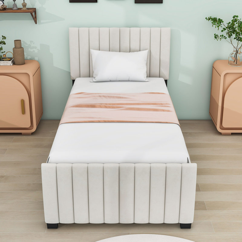 Twin Upholstered Platform Bed with Trundle, Beige