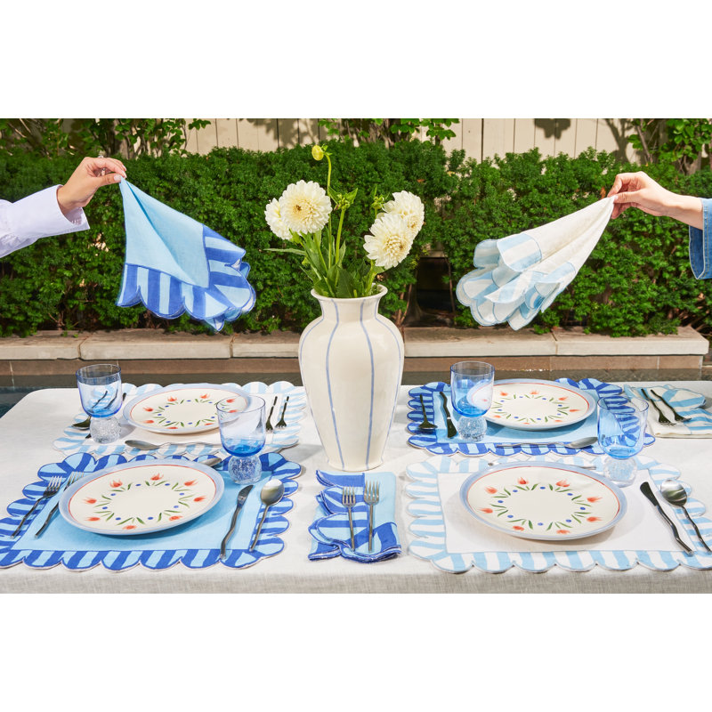 Jardin Embroidered Linen Scalloped Stripe Placemats, Blue