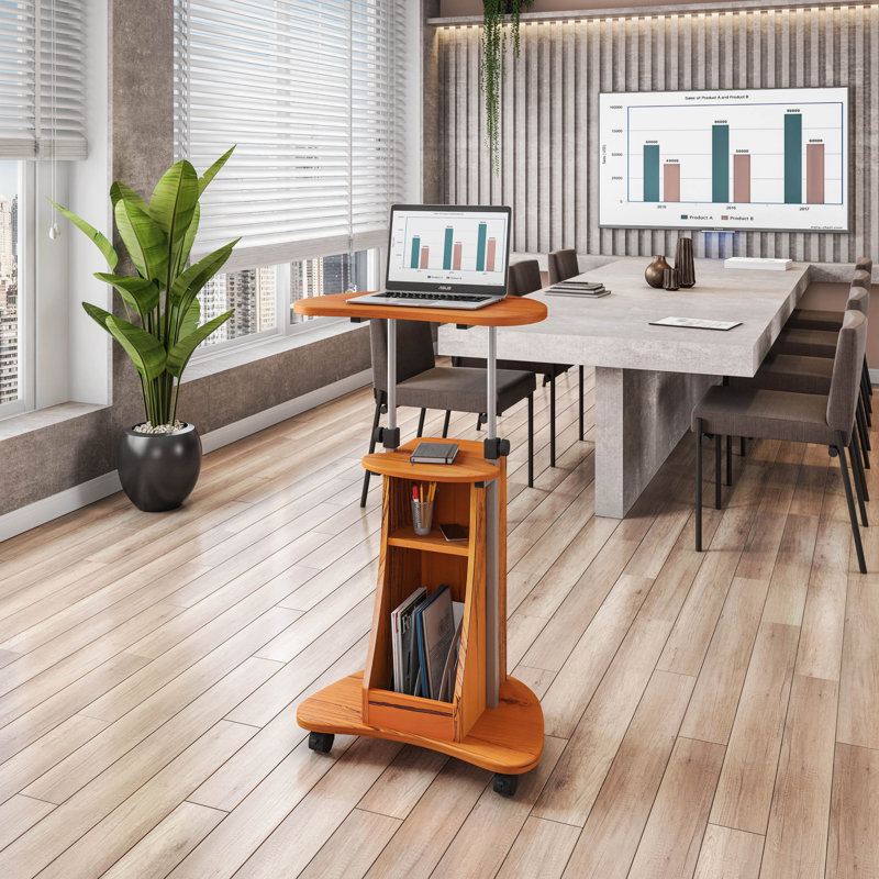 Chariot pour ordinateur portable à hauteur réglable avec compartiments de rangement, Grain de bois