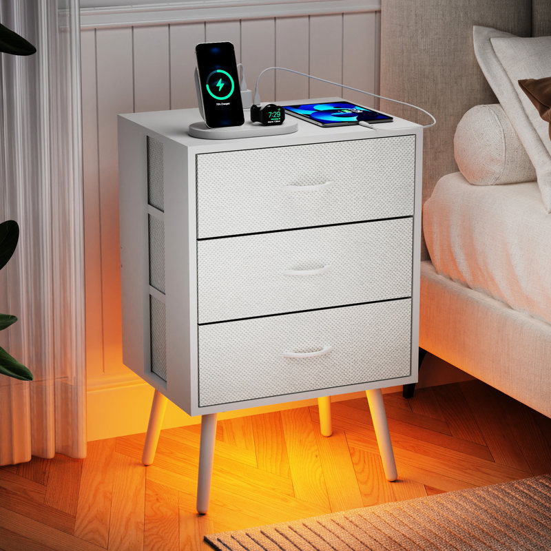 Ensemble de 2 tables de chevet modernes avec station de charge, table de chevet blanche et tiroirs en tissu, éclairage télécommandé réglable, panneau enduit pour une longue durée de vie, installation facile