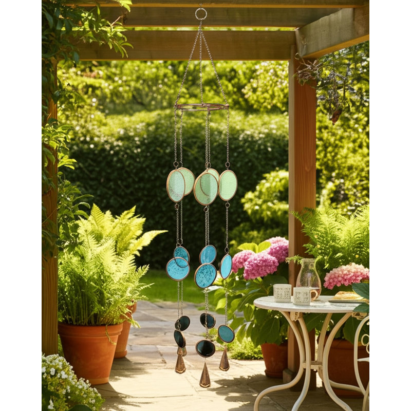 Carillon à vent coloré en forme de disque avec clochettes - carillon extérieur pour décoration de jardin et de jardin - 37 po, bleu et vert