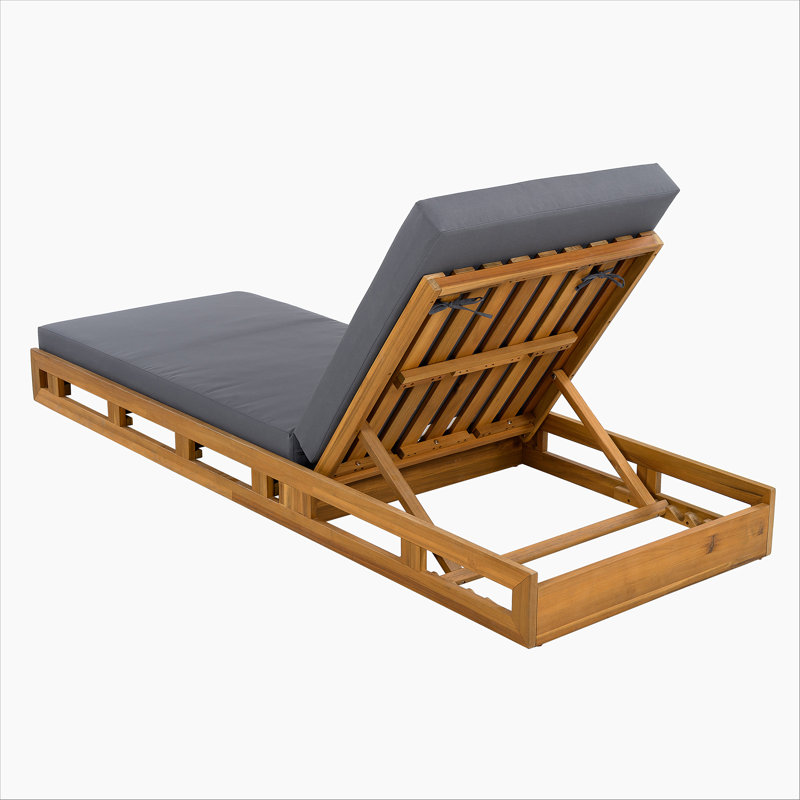Vane Patio Acacia Wood Chaise Lounge With Adjustable Backrest & Cushion, Dark Gray