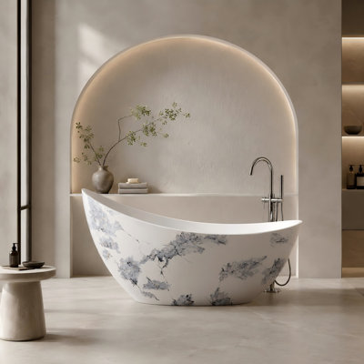 74" Freestanding Solid Surface Soaking Bathtub, Ink-Wash Marble-Effect Design with Sloped Backrest, Modern Stone Resin Tub (TL1068-74MV)