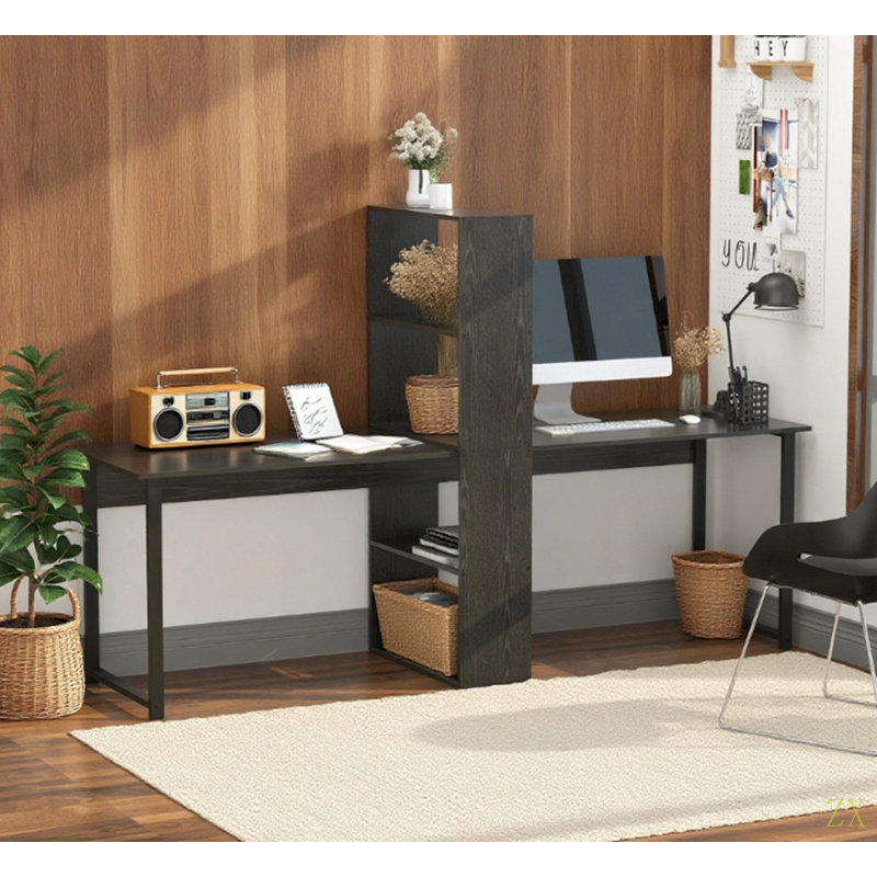 Long bureau d'ordinateur avec tablettes de rangement combinées, double bureau d'écriture pour bureau personnel, bibliothèque