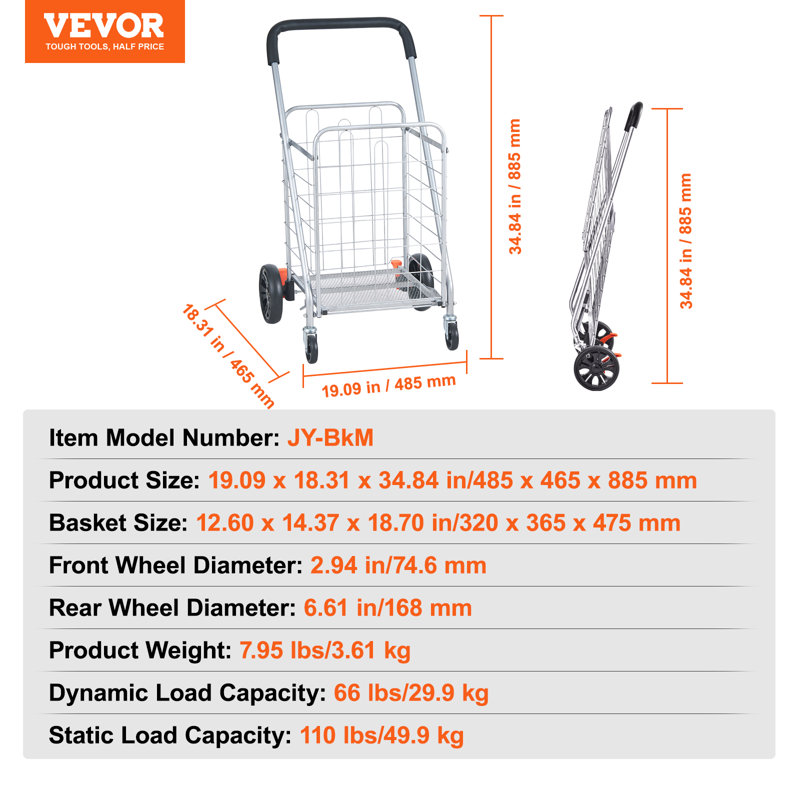 Chariot de magasinage pliable VEVOR, capacité de charge de 110 lb