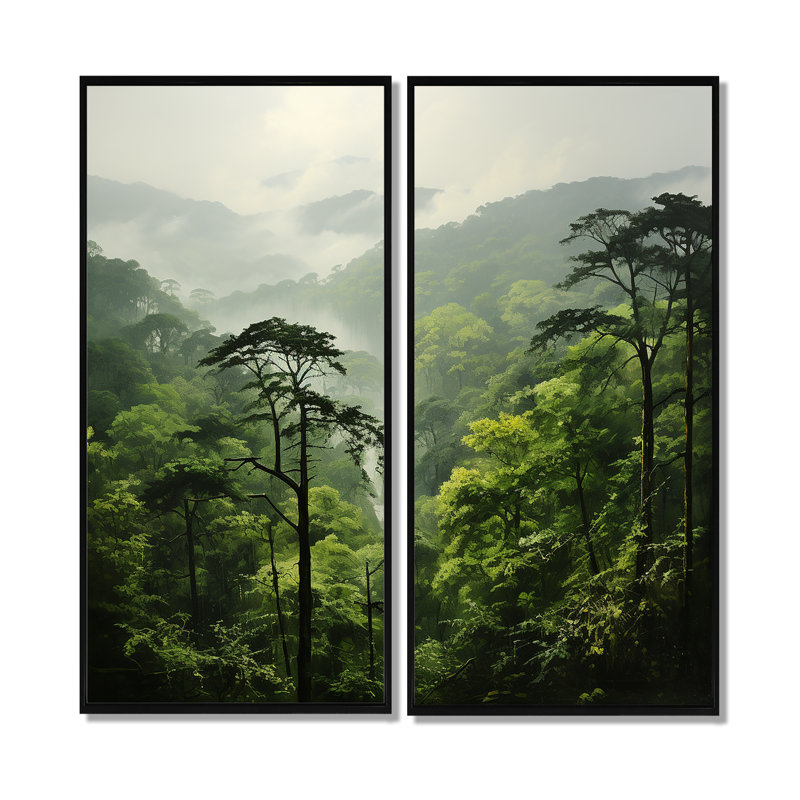 Forêt tropicale, paysage de jungle 1 - art mural tropical coloré 2 pièces, 32" H x 32" W, Black