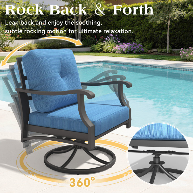 Ensemble de conversation de patio en aluminium 7 pièces, mobilier d'extérieur en métal avec canapé 3 places, chaises pivotantes à bascule, repose-pieds et table basse, coussins épaissis de 5 po pour la cour arrière, près de la piscine