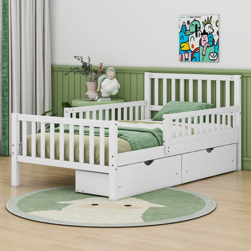 Twin Size Wood Platform Bed with Guardrails On Both Sides And Two Drawers, White