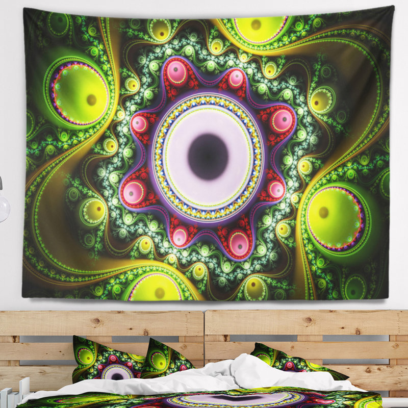 Motif abstrait vert sur noir avec cercles tapisserie, H 68 po x l 80 po