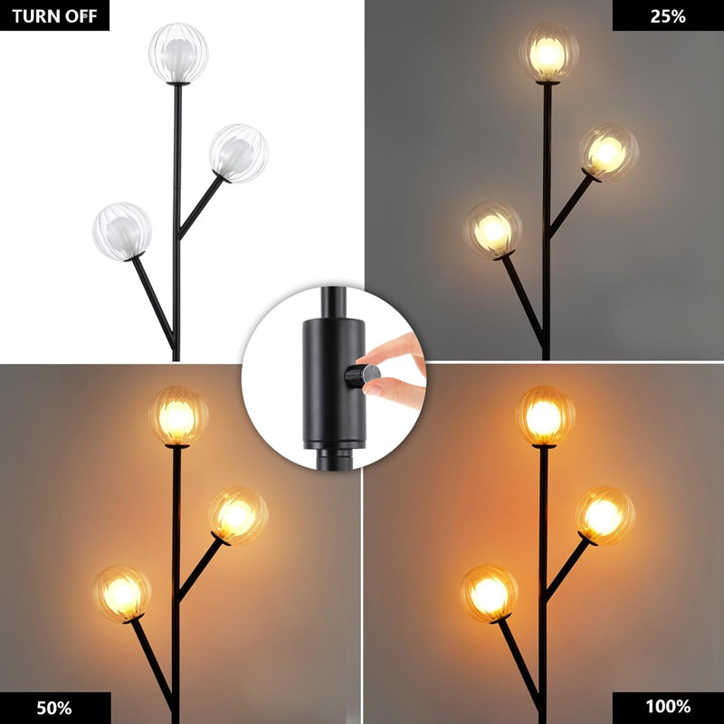 67" Mid-Century Modern Floor Lamp With Dimmable 3 Globe Glass Shades For Living Room, Bedroom, Matte