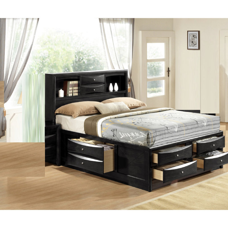 Très grand lit plateforme avec rangement en bois et tête de lit en bois avec tiroirs latéraux de taille contemporaine