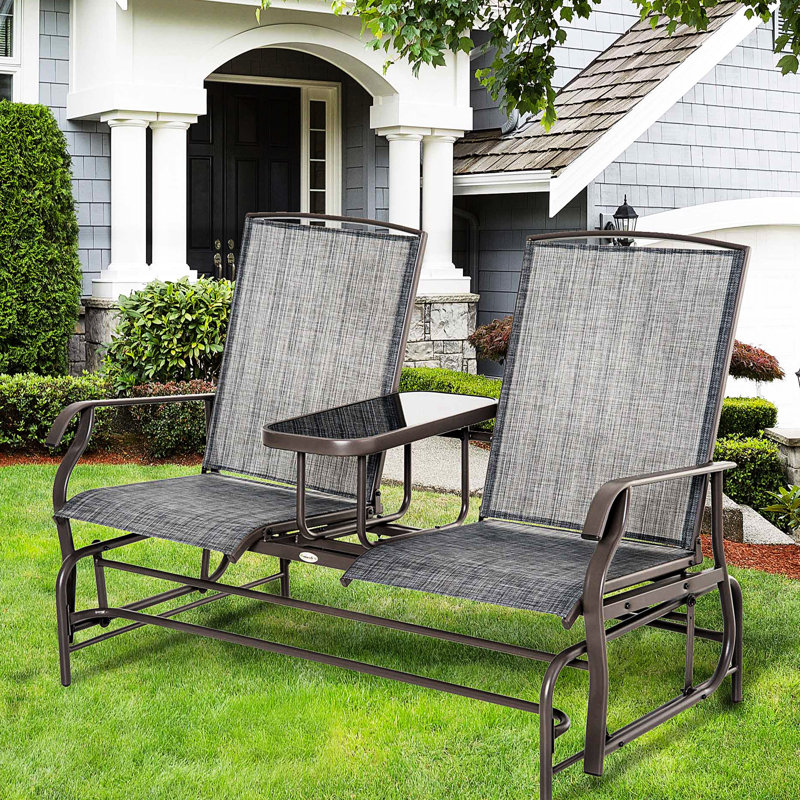 Patio Glider Bench With Center Table In Gray. Metal Frame For Backyard Garden Porch. Double Gliding Relaxation. Breathable Fabric . Supports 726 Lbs. Total.  Outdoor Coffee