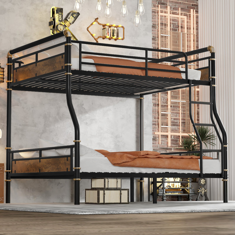 Full XL over Queen Metal Bunk Bed with Safety Guardrails, Industrial Detachable Sturdy Bunk Bed for Teens, Black