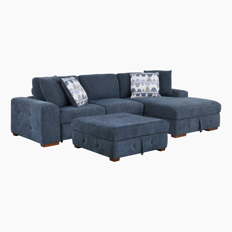 Odesser 115" W 3-Piece Chenille Sleeper Sectional, Right Hand Facing, Blue Chenille