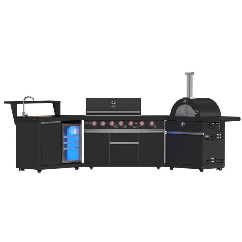 Forno All'Aperto avec comptoirs en pierre frittée noire, barbecue 87 600 BTU, évier et module de bar, four à pizza au gaz