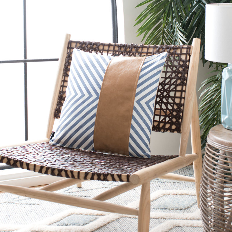 Endra Chevron Navy and Tan Faux Leather Throw Pillow