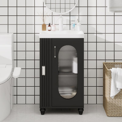 Meuble-lavabo de 20 po avec lavabo, meuble-lavabo avec tablette à deux niveaux, tablette réglable, bois massif et panneau de fibres à densité moyenne, noir