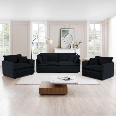 Modern Upholstered Chenille Cloud Couches Set, 2-Loveseat & 1 Single Sofa Set