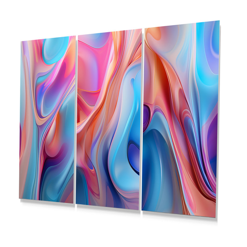 Ensemble de salon transitionnel bleu et rose I - art moderne abstrait en métal 3 pièces, H 32 po x l 48 po