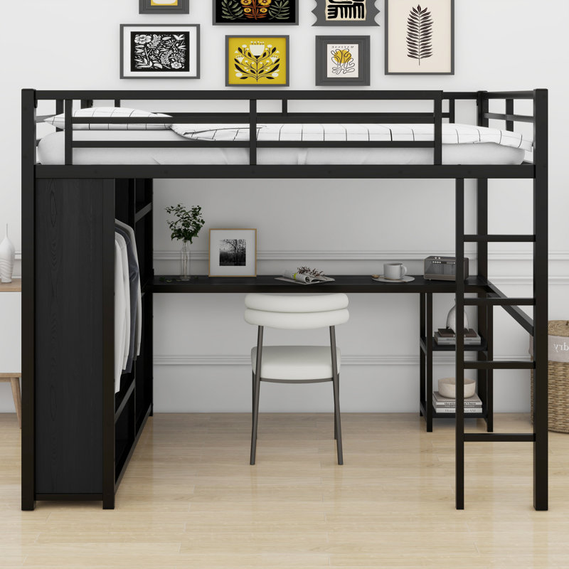 Structure de lit mezzanine avec garde-robe, bureau et tablettes de rangement