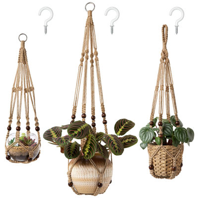 Pack Macrame Plant Hangers Indoor Different Size Hanging Planter Basket Flower Pot Holder With Beads No Tassels 35"/29"/23", Medium, Brown