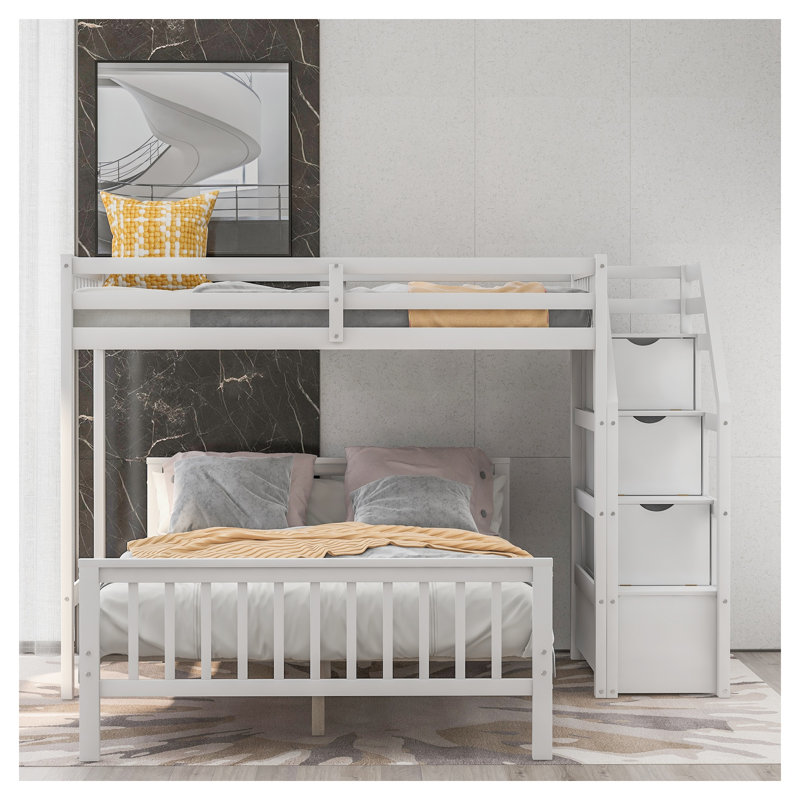 Lit mezzanine simple au-dessus de double avec escalier de rangement, lit superposé en bois de pin massif avec échelle réversible et garde-corps blancs