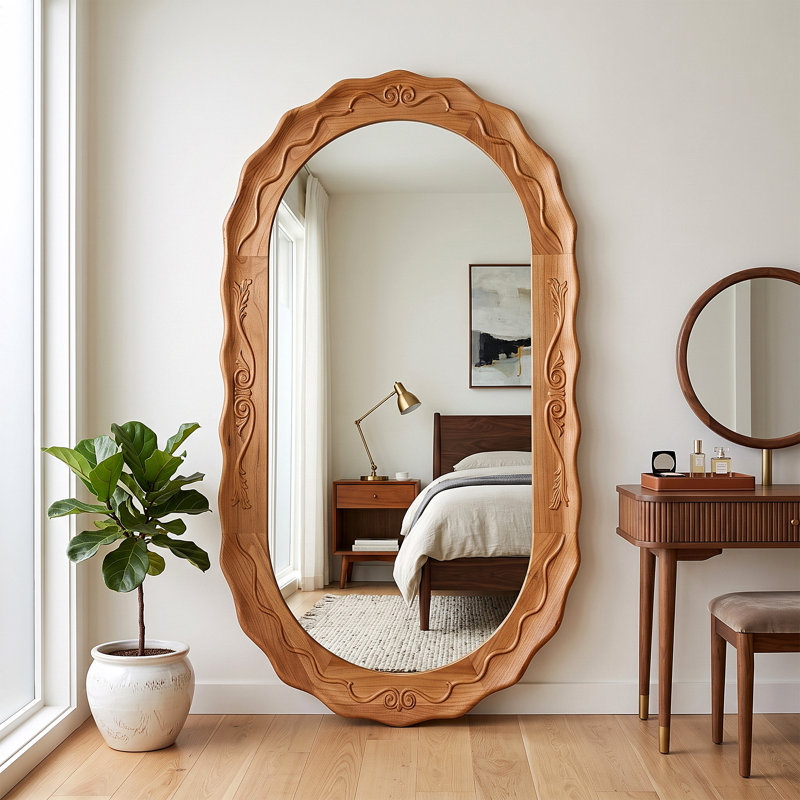 Miroir pleine grandeur texturé ovale en bois naturel