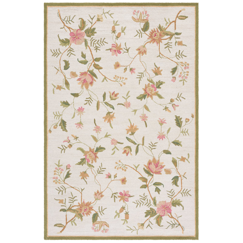 Kinchen Hand Hooked Wool Floral Rug, Rectangle 5'3" x 8'3", Beige