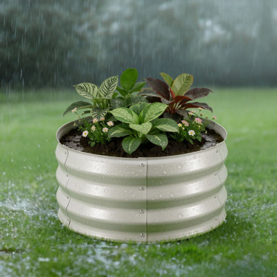 Galvanized Raised Garden Beds, 2 x 2 x 1 ft, Round Metal Planter Boxes Kit Outdoor, Bottomless Elevated Garden Boxes with Gloves, Alu-Zinc, for Planting Flowers Vegetables Herbs, Beige
