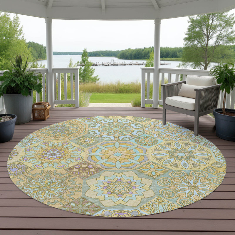 Tapis lavable à la machine intérieur / extérieur ACN2729 Chantille, Doré, Rond 8 pi