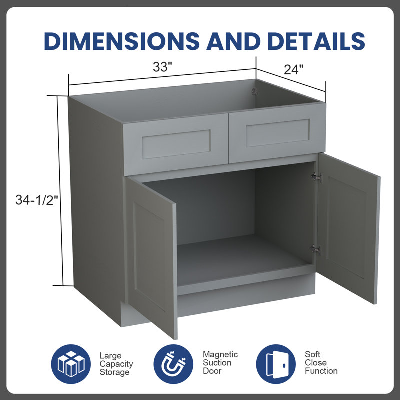 33 In. W X 24 In. D X 34.5 In. H Assembled Base Kitchen Cabinet With 2 Doors  In White